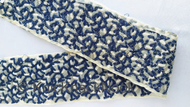 Beige Sheer Tissue Fabric Trim With Cotton Thread Embroidery In Blue, Grey And Off White, Fabric Lace